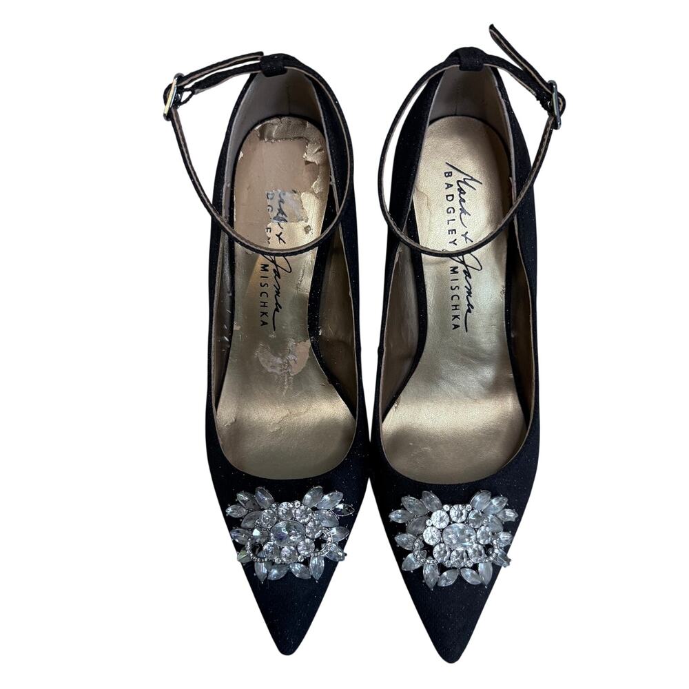 Mark & James Badgley Mischka Black Crystal Brooch Pumps Heels 6M Ankle Strap